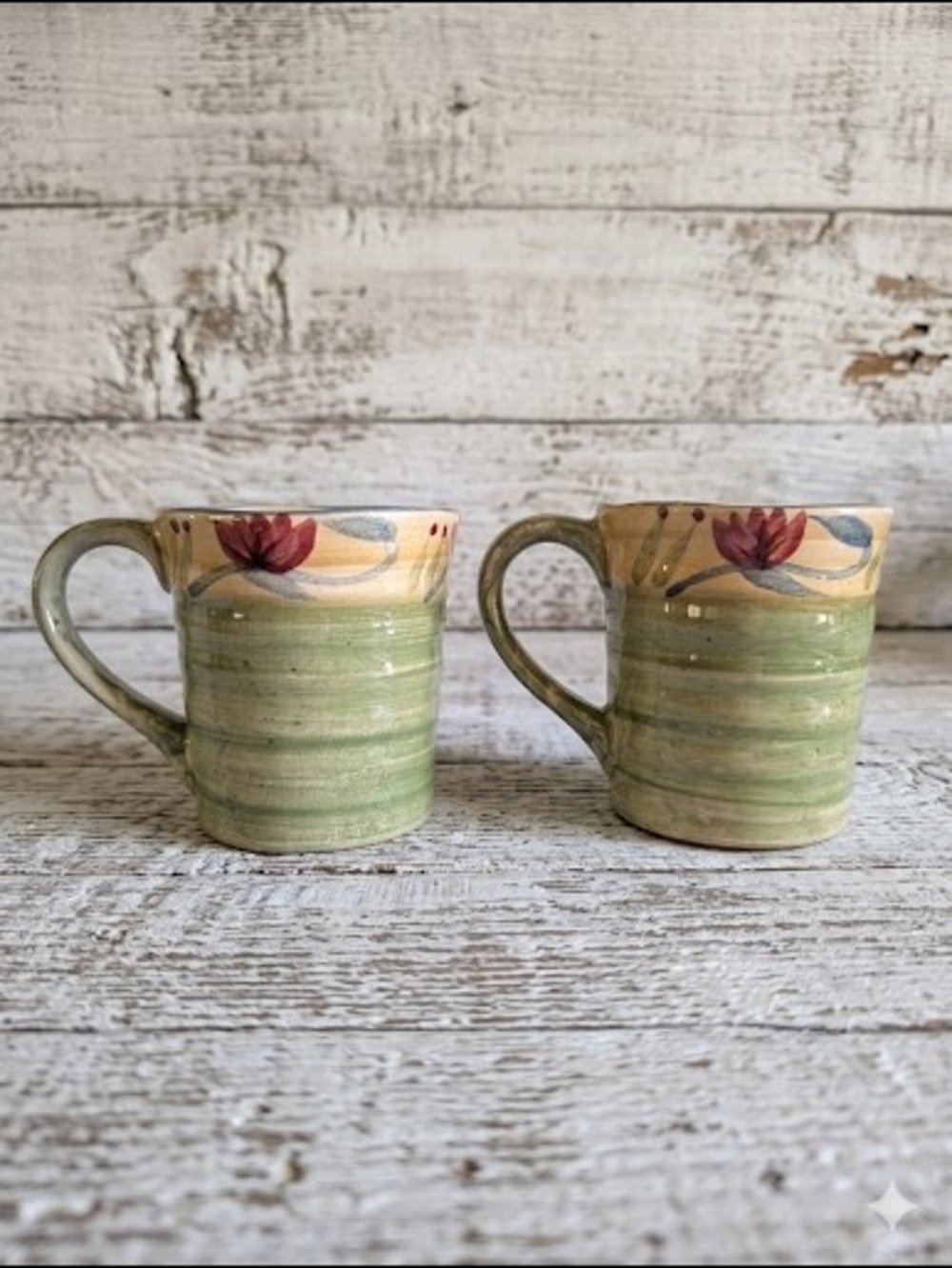 Pier 1 Elizabeth Floral Stoneware Mugs Set of 2 Hand Painted